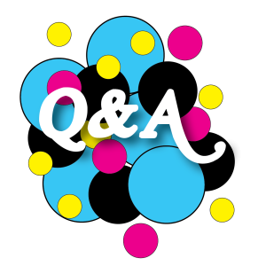 Question and answer text, with a colorful bubble shaped background